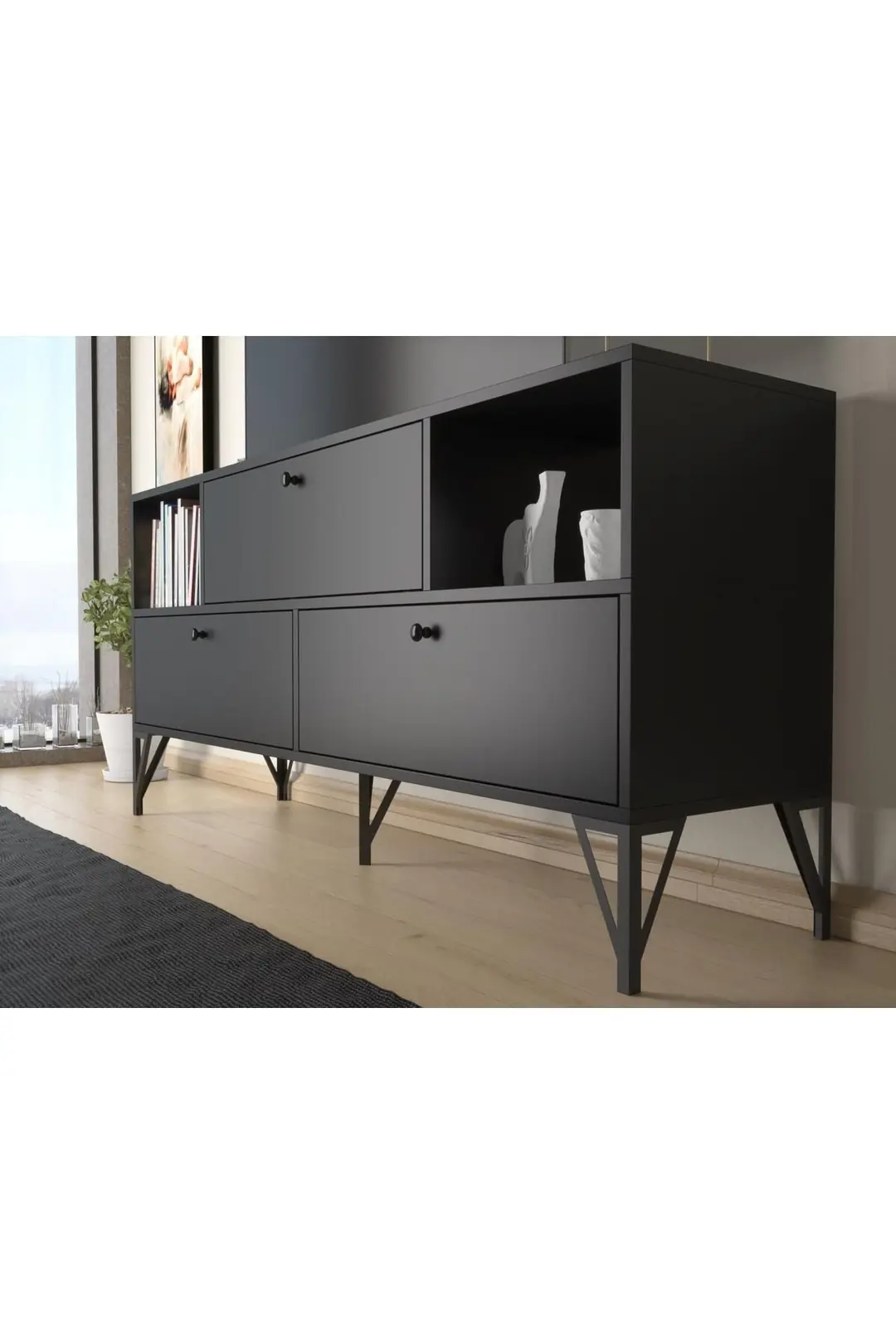 Mia 160 Cm Metal Ayaklı Tv Ünitesi - Konsol - Siyah / Siyah